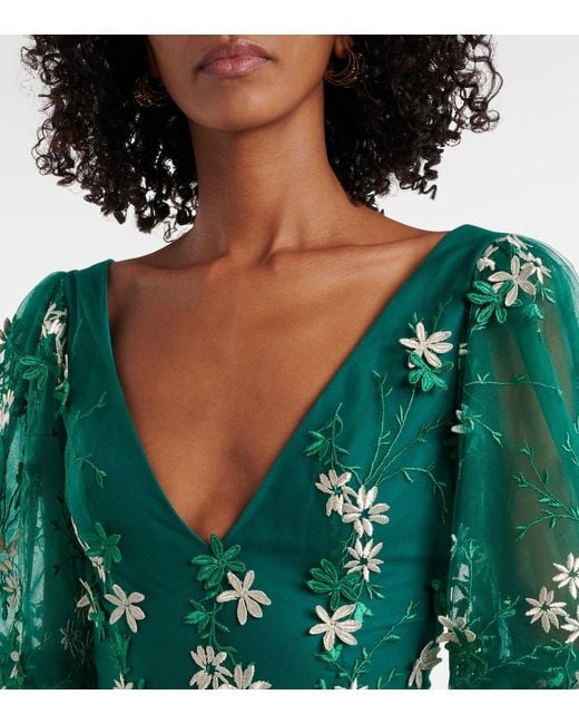 Costarellos Green Floral-Applique Tulle And Lurex Gown