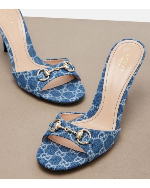 Gucci Blue Horsebit Gg Denim Mules