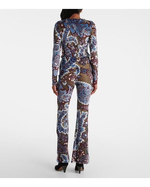 Etro Blue Floral Velvet Jacquard Flared Pants