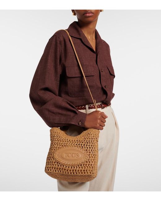 Tod's Brown Logo Leather-Trimmed Raffia Top-Handle Bag