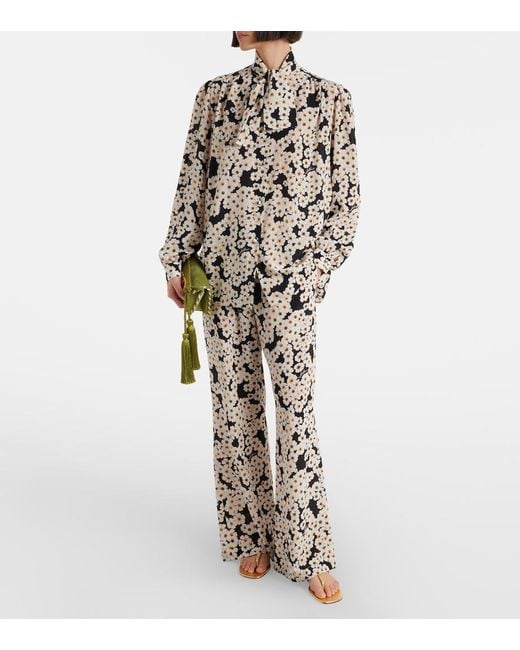 Valentino White Floral Silk Crepe De Chine Wide-Leg Pants