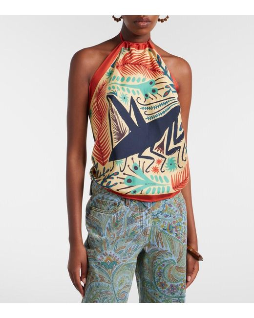 Etro Green Printed Halterneck Silk Top