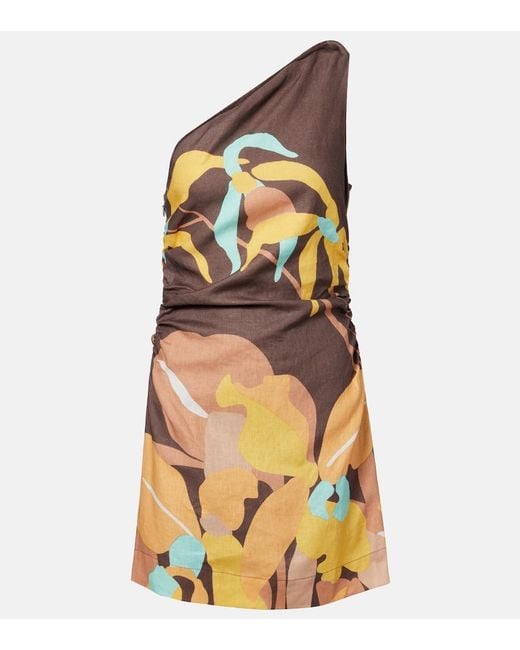 Faithfull The Brand Orange Marga Floral One-Shoulder Linen Minidress