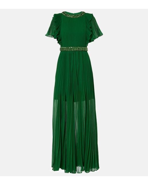 Self-Portrait Green Crystal-Embellished Ruffled Gown