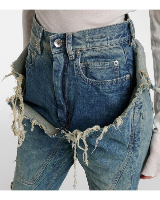 Rick Owens Blue Silvered Distressed Flared Jeans