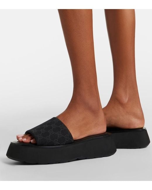 Gucci Black Gg Canvas Platform Slides