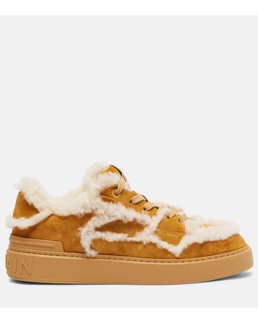 Balmain Metallic Shearling-Trimmed Suede Sneakers