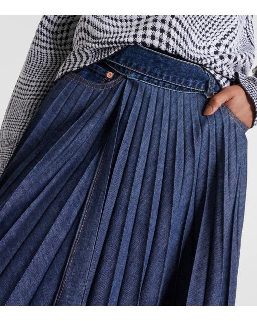 Sacai Blue Pleated Denim Midi Skirt