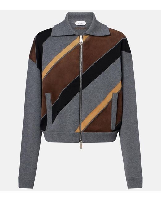 Versace Gray Suede-Trimmed Wool-Blend Zip-Up Sweater
