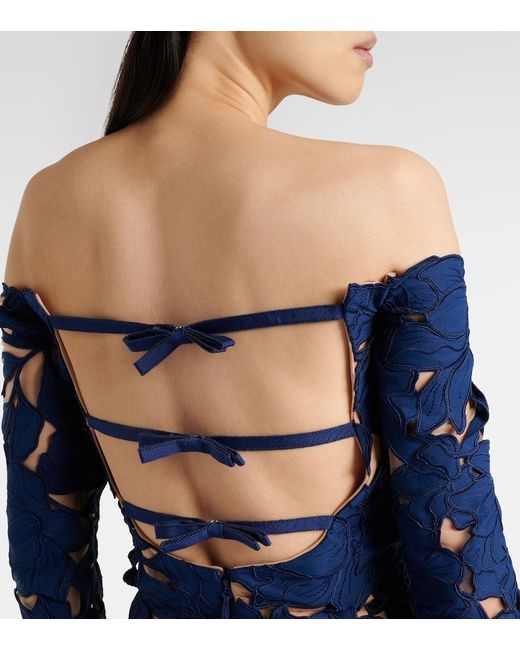 Costarellos Blue Off-Shoulder Guipure Lace Gown