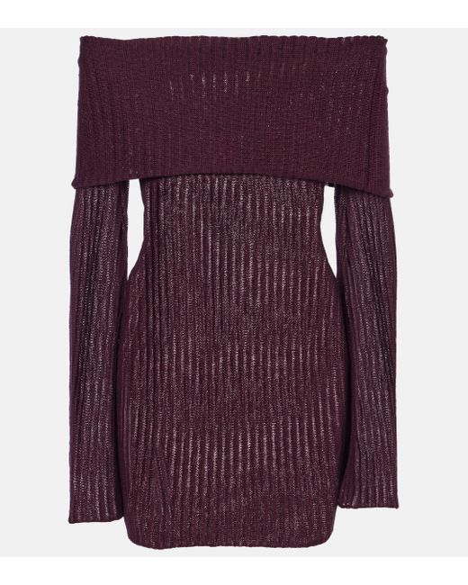 AYA MUSE Purple Bardot Neckline Knitted Linen-Blend Mini Dress