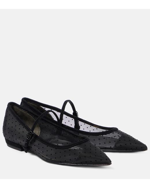 Tory Burch Black Suede-Trimmed Mesh Mary Jane Flats