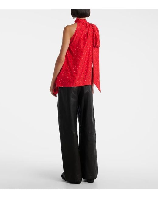 Acne Red Sombana Printed Asymmetric Silk Top