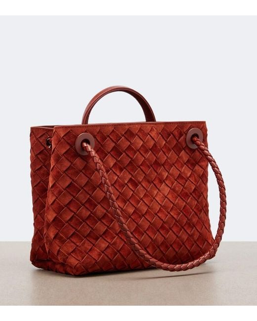 Bottega Veneta Red Andiamo Intrecciato Small Suede Tote Bag