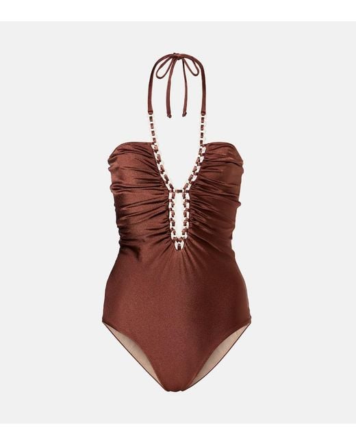 Adriana Degreas Brown Solid Chain Halterneck Swimsuit