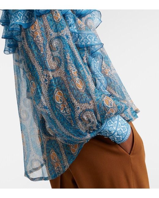 Etro Blue Paisley Ruffled Silk Blouse