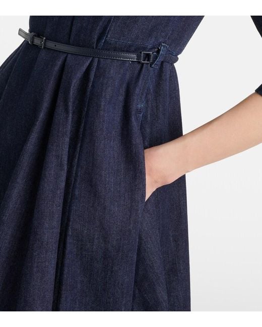 Max Mara Blue Vela Embellished Belted Denim Midi Dress
