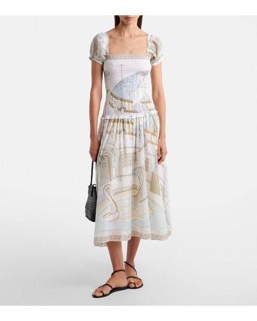 Tory Burch White Printed Shirred Silk And Cotton Midi Dress