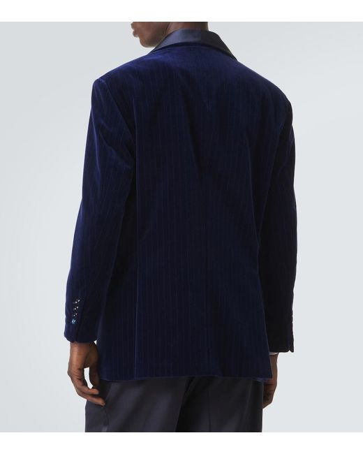 Brunello Cucinelli Blue Pinstripe Cotton Velvet Tuxedo Jacket for men
