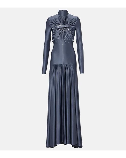 Rabanne Blue Embellished Gathered Jersey Gown