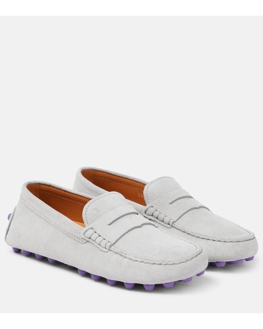 Tod's White Gommini Bubble Suede Driving Shoes