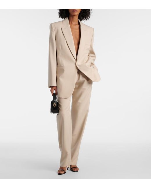 Saint Laurent Natural Pleated Wool Wide-Leg Pants