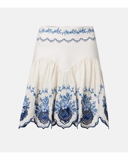 Agua Bendita Blue Acai Embroidered Floral Linen Miniskirt