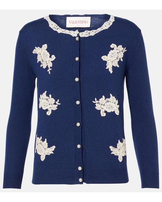 Valentino Blue Lace-Trimmed Virgin Wool Cardigan