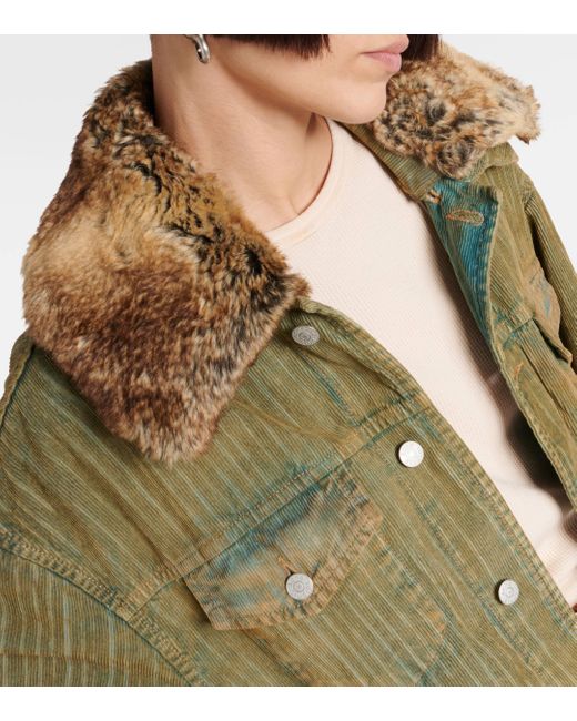 Acne Green Faux Fur-trimmed Denim Jacket