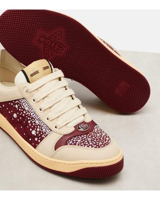 Gucci Pink Screener Embellished Canvas And Leather Sneakers