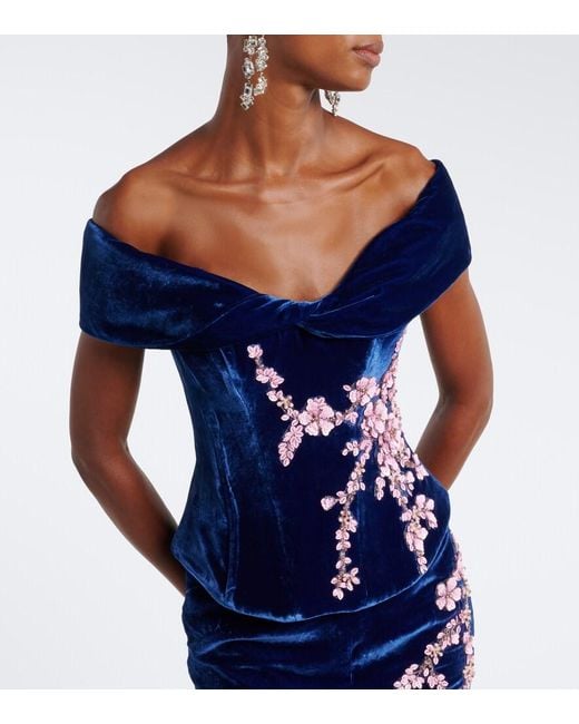 Costarellos Blue Rielle Embellished Floral-Applique Velvet Gown