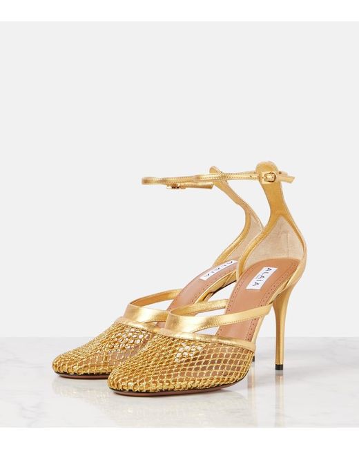 Alaïa Metallic Infradito Fishnet 90 Leather Pumps
