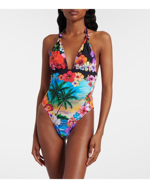 Dolce & Gabbana Blue Floral Halterneck Swimsuit