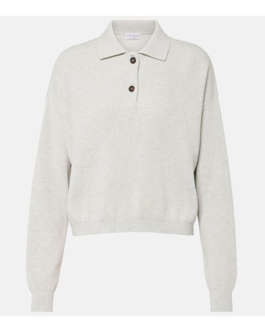 Brunello Cucinelli White Ribbed-knit Cotton Polo Sweater