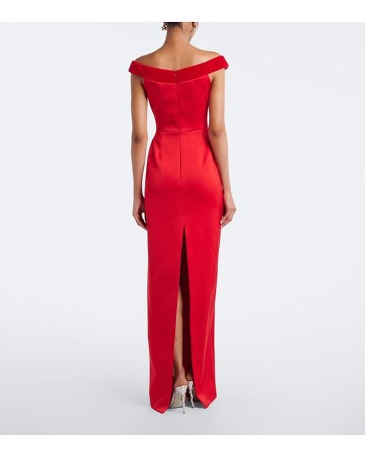 David Koma Red Velvet-Trimmed Off-Shoulder Satin Gown