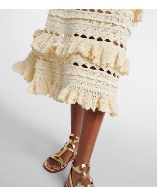 Zimmermann Natural Waverly Ruffled Crochet Midi Skirt