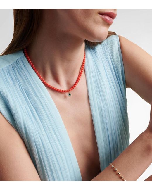 Sydney Evan Red Evil Eye 14kt Gold And Coral Beaded Necklace With Diamonds