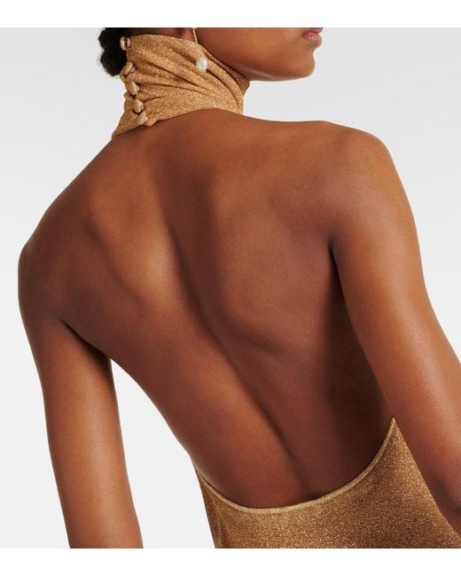 Oseree Natural Lumiere Metallic Maxi Dress