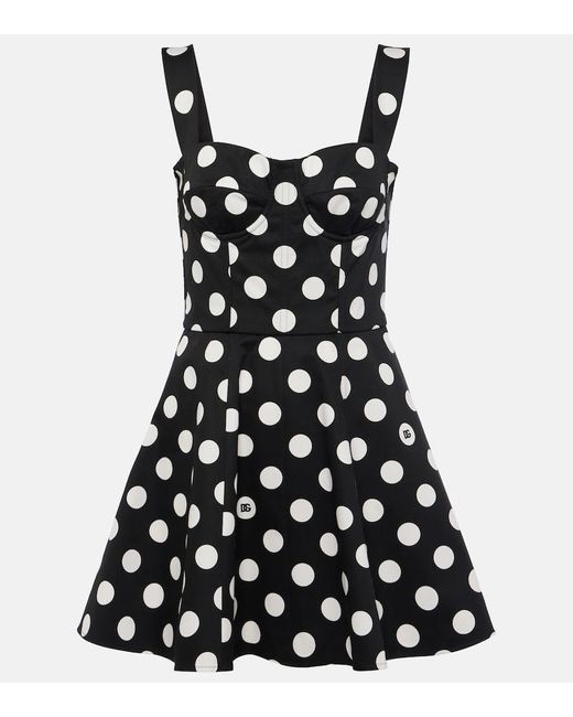 Dolce & Gabbana Black Bustier-Minikleid Aus Baumwolldrillich Punkteprint
