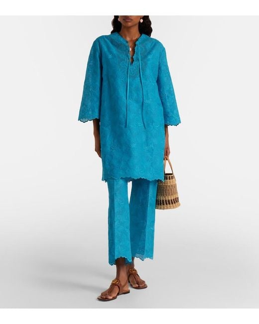 Valentino Blue Broderie Anglaise Silk-Trimmed Cotton Kaftan