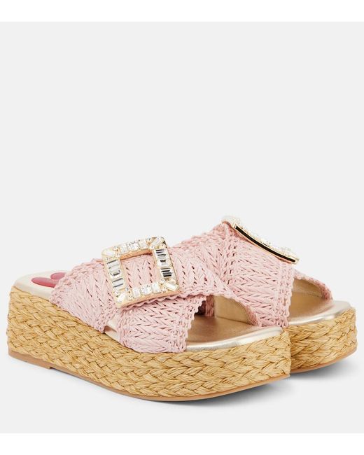 Roger Vivier Pink Espa 60 Embellished Raffia Espadrille Sandals