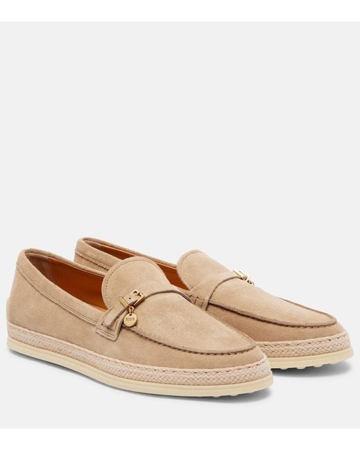 Tod's Natural Raffia-Trimmed Suede Loafers