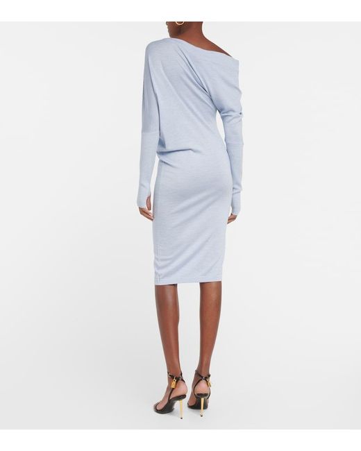 Tom Ford Blue One-Shoulder Cashmere And Silk Midi Dress