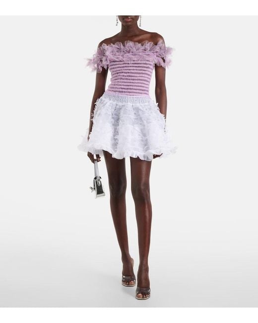 SUSAN FANG Pink Shirred Off-Shoulder Tulle Top