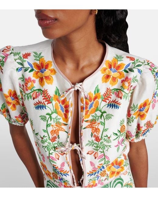 Farm Rio Metallic Floral Puff-Sleeve Linen Blouse