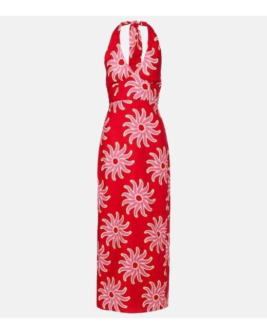 Cala De La Cruz Red Dasha Printed Halterneck Linen Maxi Dress