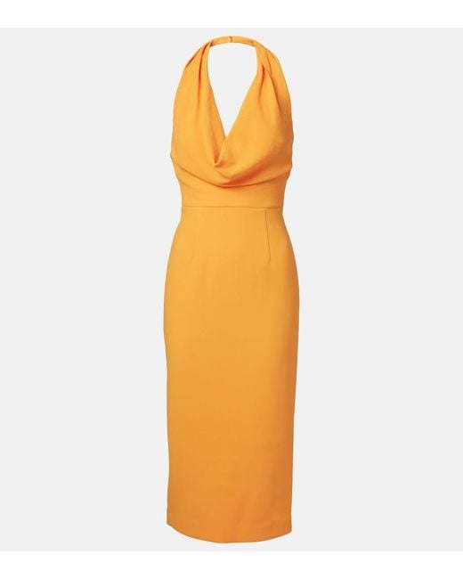 Rebecca Vallance Orange Draped Halterneck Crepe Midi Dress
