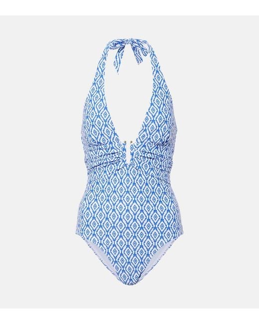 Heidi Klein Blue Sardinia Printed Halterneck Swimsuit