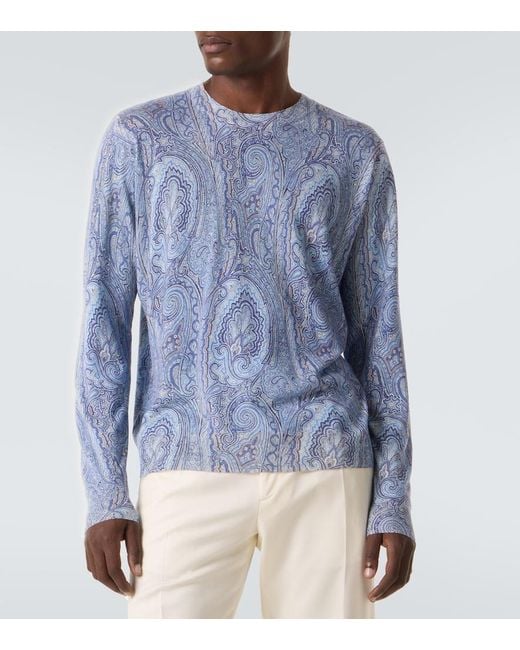 Etro Blue Paisley Silk And Cashmere Sweater for men