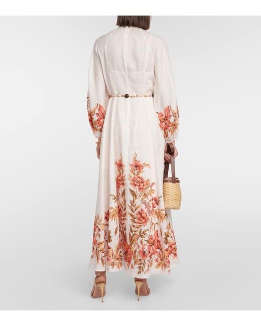 Zimmermann White Vacay Billow Belted Floral-print Linen Maxi Dress